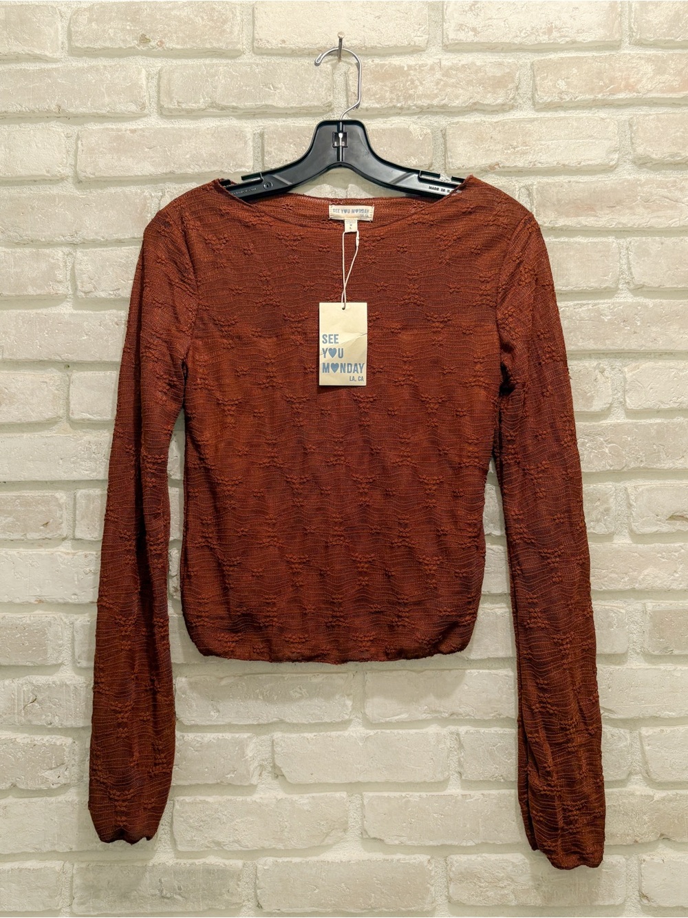 See You Monday Brown Lace Long Sleeve Crewneck Top